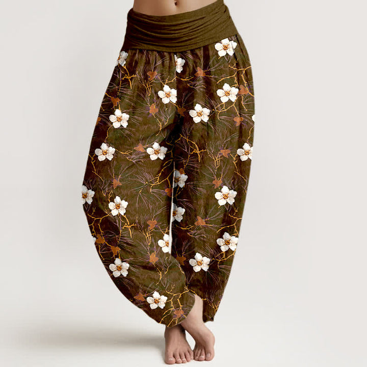 Buddha Stones Dames harembroek met elastische Taille en witte katoenen bloesemrankprint - Zadelbruin - US16, UK/AU20, EU48 (3XL) - image 8