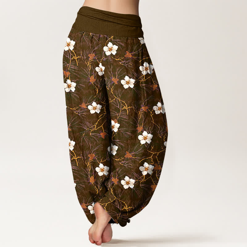 Buddha Stones Dames harembroek met elastische Taille en witte katoenen bloesemrankprint - image 10