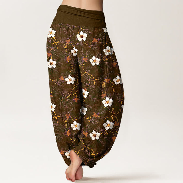 Buddha Stones Dames harembroek met elastische Taille en witte katoenen bloesemrankprint - image 10