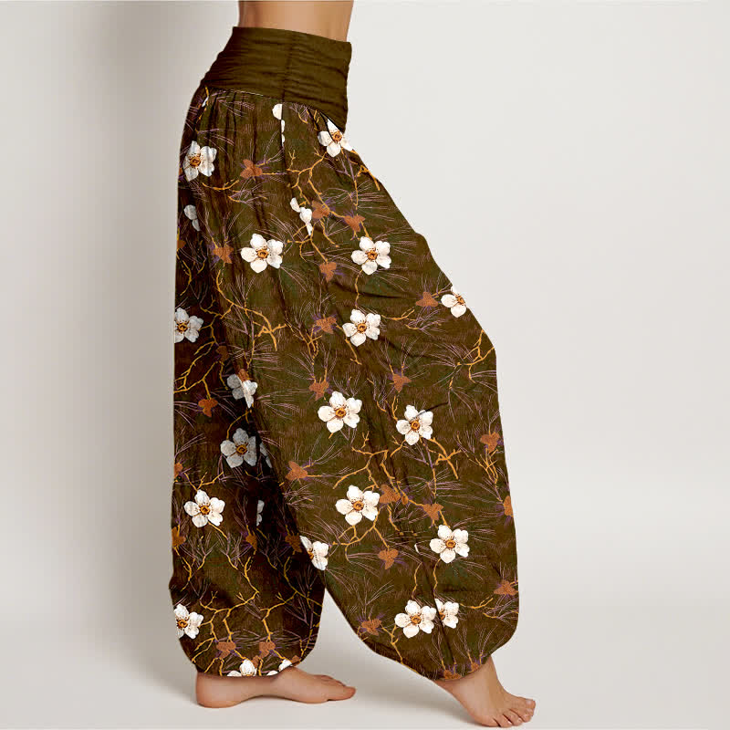Buddha Stones Dames harembroek met elastische Taille en witte katoenen bloesemrankprint - image 9