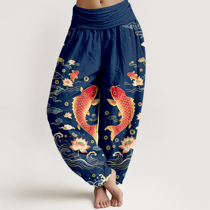 Buddha Stones Dames harembroek met elastische Taille en een gelukbrengend koi-lotuspatroon. - Marine - US16, UK/AU20, EU48 (3XL) - image 0
