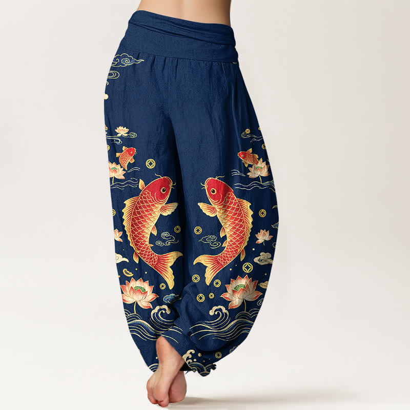 Buddha Stones Dames harembroek met elastische Taille en een gelukbrengend koi-lotuspatroon. - image 2