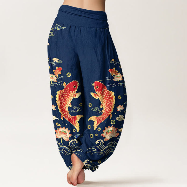 Buddha Stones Dames harembroek met elastische Taille en een gelukbrengend koi-lotuspatroon. - image 2
