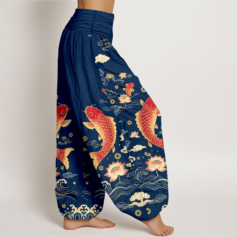Buddha Stones Dames harembroek met elastische Taille en een gelukbrengend koi-lotuspatroon. - image 1