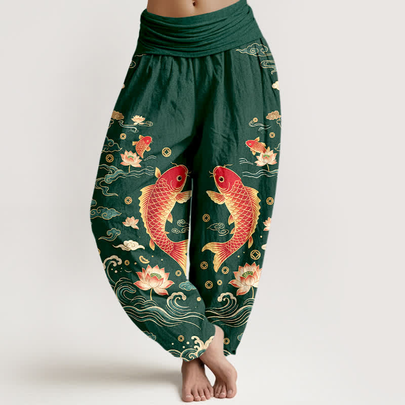 Buddha Stones Dames harembroek met elastische Taille en een gelukbrengend koi-lotuspatroon. - Bosgroen - US16, UK/AU20, EU48 (3XL) - image 5