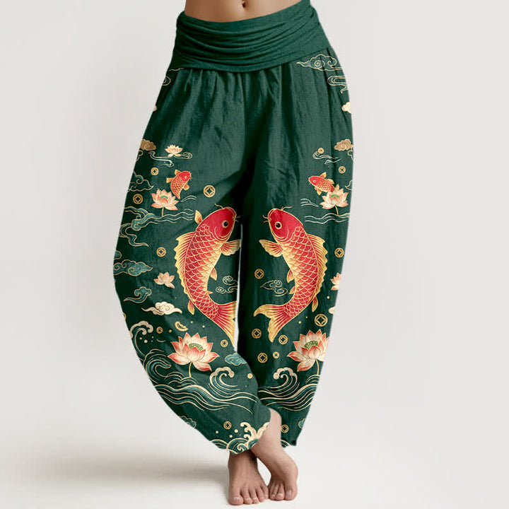 Buddha Stones Dames harembroek met elastische Taille en een gelukbrengend koi-lotuspatroon. - Bosgroen - US16, UK/AU20, EU48 (3XL) - image 5