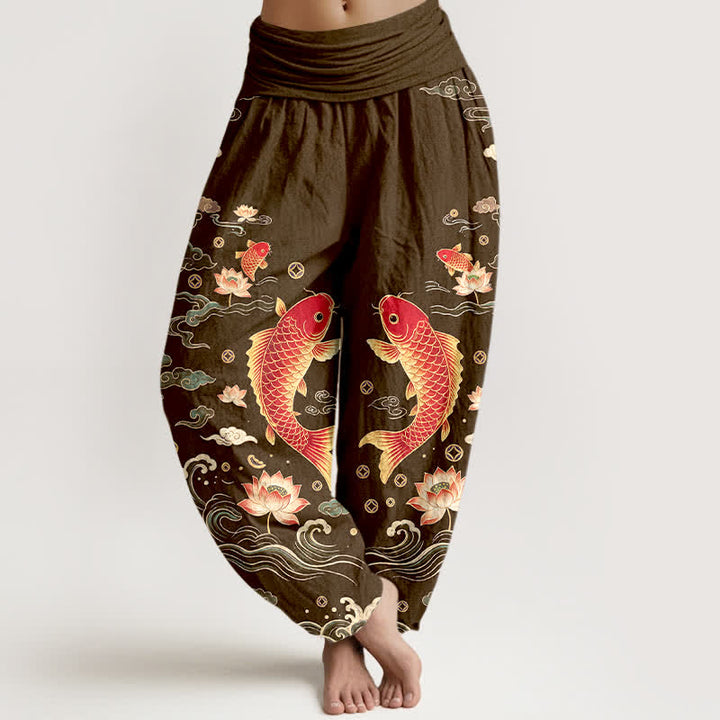 Buddha Stones Dames harembroek met elastische Taille en een gelukbrengend koi-lotuspatroon. - Zadelbruin - US16, UK/AU20, EU48 (3XL) - image 8