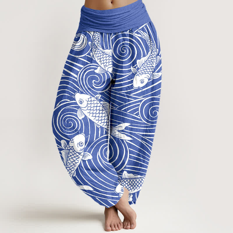 Buddha Stones Dames harembroek met elastische Taille en koi-golfpatroon van katoen - Koningsblauw - US16, UK/AU20, EU48 (3XL) - image 0