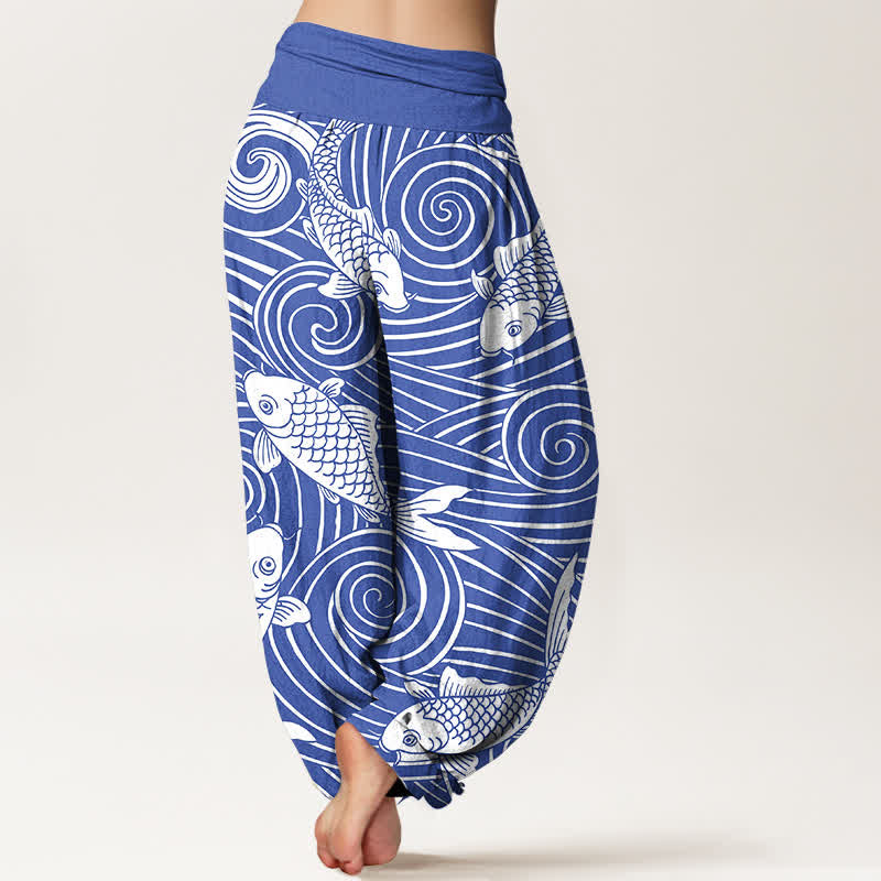Buddha Stones Dames harembroek met elastische Taille en koi-golfpatroon van katoen - image 2