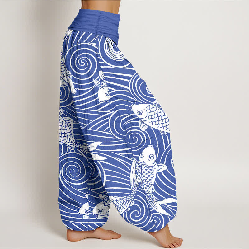Buddha Stones Dames harembroek met elastische Taille en koi-golfpatroon van katoen - image 1