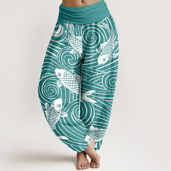 Buddha Stones Dames harembroek met elastische Taille en koi-golfpatroon van katoen - Lichtzeegroen - US16, UK/AU20, EU48 (3XL) - image 5