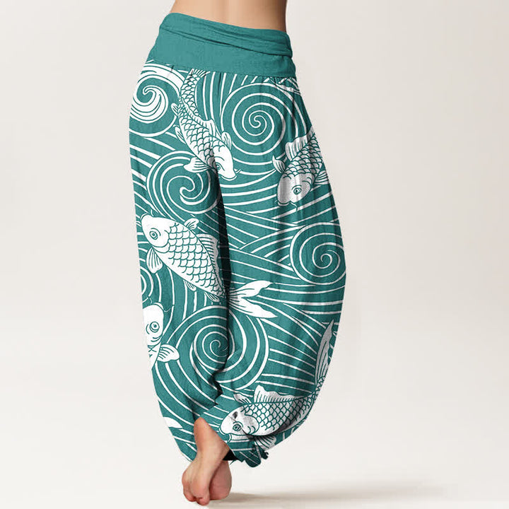 Buddha Stones Dames harembroek met elastische Taille en koi-golfpatroon van katoen - image 7