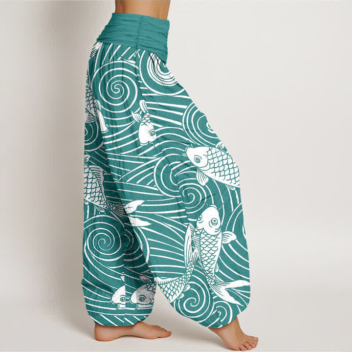 Buddha Stones Dames harembroek met elastische Taille en koi-golfpatroon van katoen - image 6
