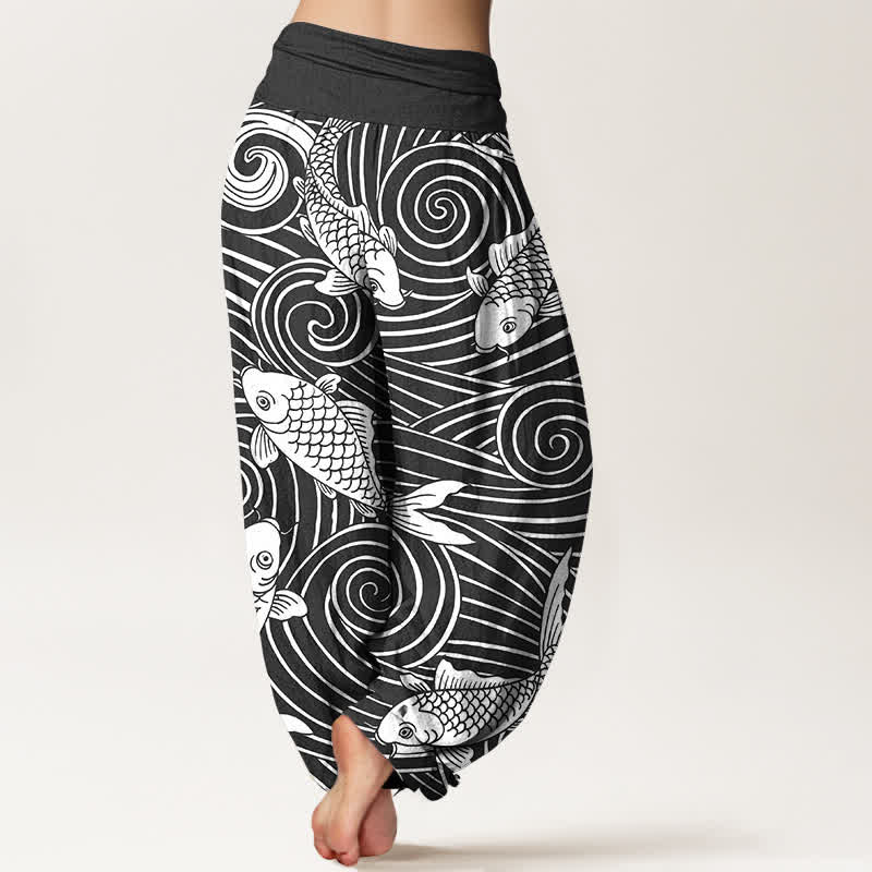 Buddha Stones Dames harembroek met elastische Taille en koi-golfpatroon van katoen - image 10