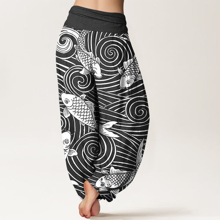 Buddha Stones Dames harembroek met elastische Taille en koi-golfpatroon van katoen - image 10