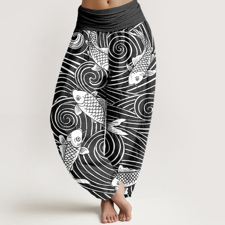 Buddha Stones Dames harembroek met elastische Taille en koi-golfpatroon van katoen - Zwart - US16, UK/AU20, EU48 (3XL) - image 8
