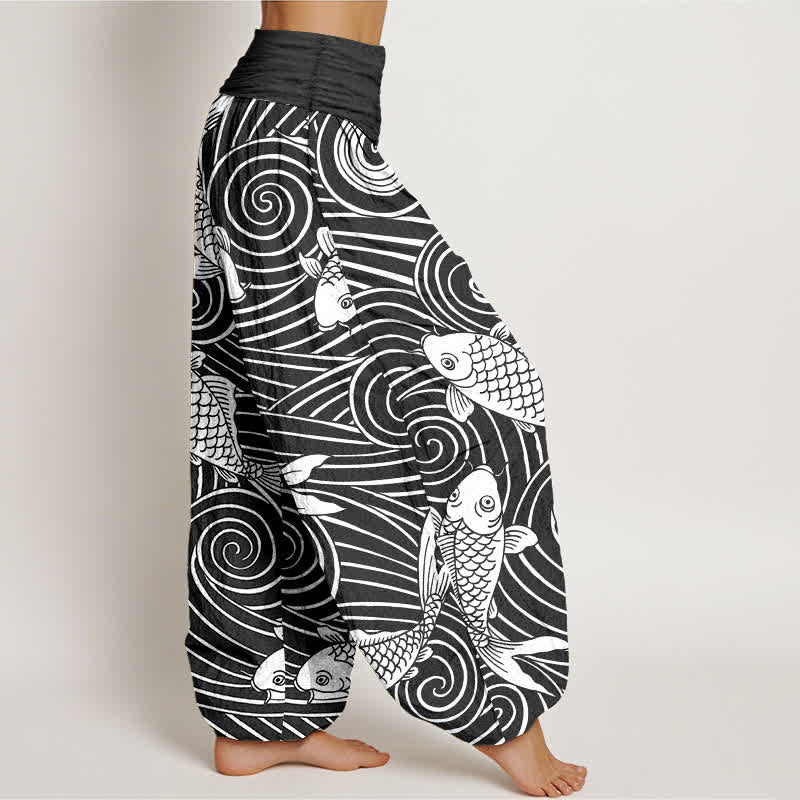 Buddha Stones Dames harembroek met elastische Taille en koi-golfpatroon van katoen - image 9