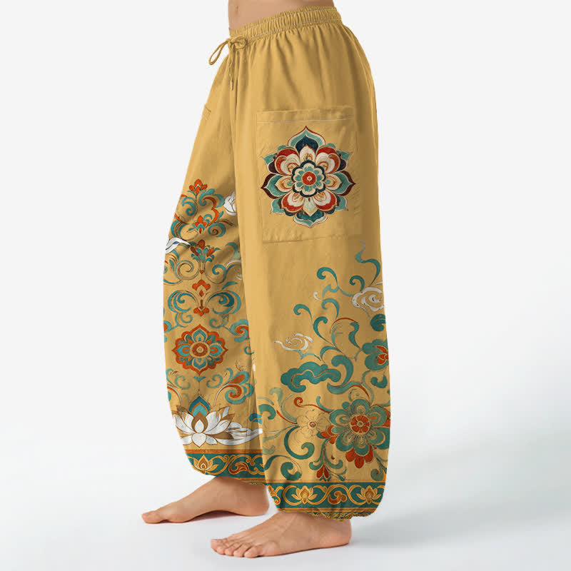 Buddha Stones Vintage katoenen harembroek met lotusbloem- en paisleyprint, elastische Taille en Zakken . - image 1