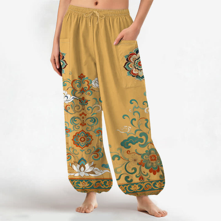 Buddha Stones Vintage katoenen harembroek met lotusbloem- en paisleyprint, elastische Taille en Zakken . - Guldenroede - US16, UK/AU20, EU48 (3XL) - image 0