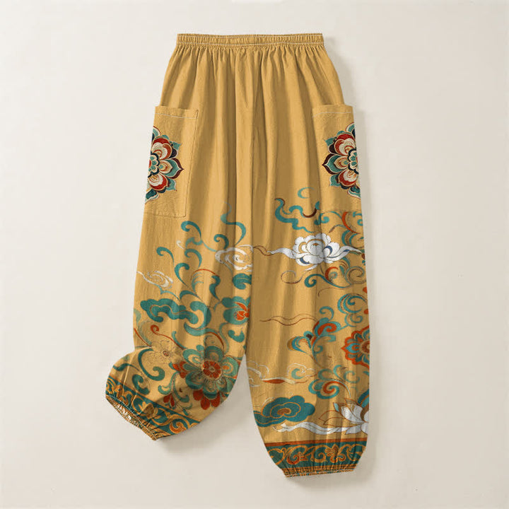 Buddha Stones Vintage katoenen harembroek met lotusbloem- en paisleyprint, elastische Taille en Zakken . - image 4