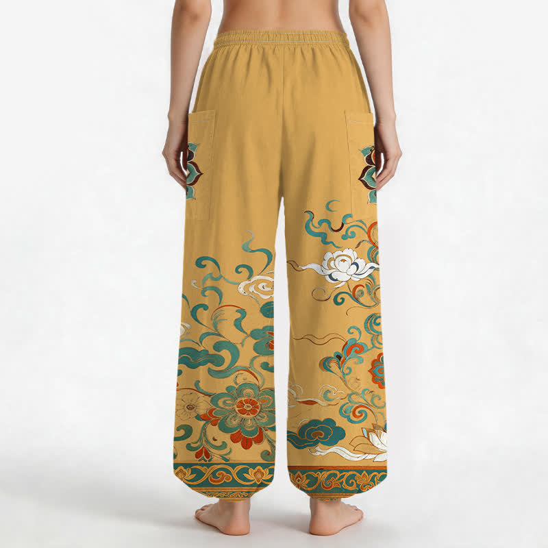Buddha Stones Vintage katoenen harembroek met lotusbloem- en paisleyprint, elastische Taille en Zakken . - image 2