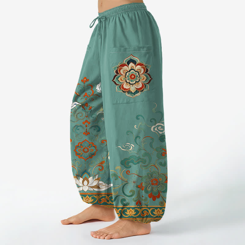 Buddha Stones Vintage katoenen harembroek met lotusbloem- en paisleyprint, elastische Taille en Zakken . - image 8