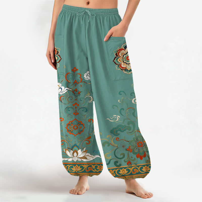Buddha Stones Vintage katoenen harembroek met lotusbloem- en paisleyprint, elastische Taille en Zakken . - Middelgroot aquamarijn - US16, UK/AU20, EU48 (3XL) - image 7