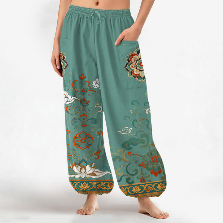 Buddha Stones Vintage katoenen harembroek met lotusbloem- en paisleyprint, elastische Taille en Zakken . - Middelgroot aquamarijn - US16, UK/AU20, EU48 (3XL) - image 7