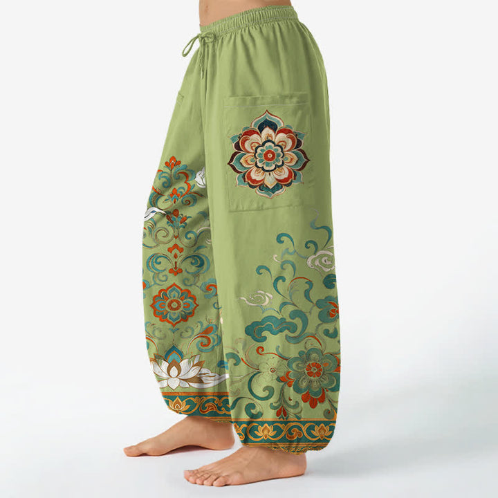 Buddha Stones Vintage katoenen harembroek met lotusbloem- en paisleyprint, elastische Taille en Zakken . - image 11