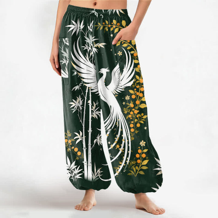 Buddha Stones Dames harembroek met elastische Taille en Zakken , met katoenen kraanvogel- en bamboebloesempatroon. - Donkergroen - US16, UK/AU20, EU48 (3XL) - image 0