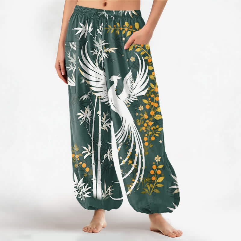 Buddha Stones Dames harembroek met elastische Taille en Zakken , met katoenen kraanvogel- en bamboebloesempatroon. - Teal - US16, UK/AU20, EU48 (3XL) - image 7
