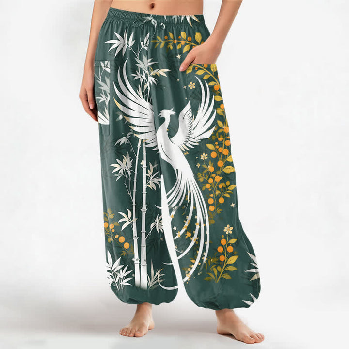 Buddha Stones Dames harembroek met elastische Taille en Zakken , met katoenen kraanvogel- en bamboebloesempatroon. - Teal - US16, UK/AU20, EU48 (3XL) - image 7