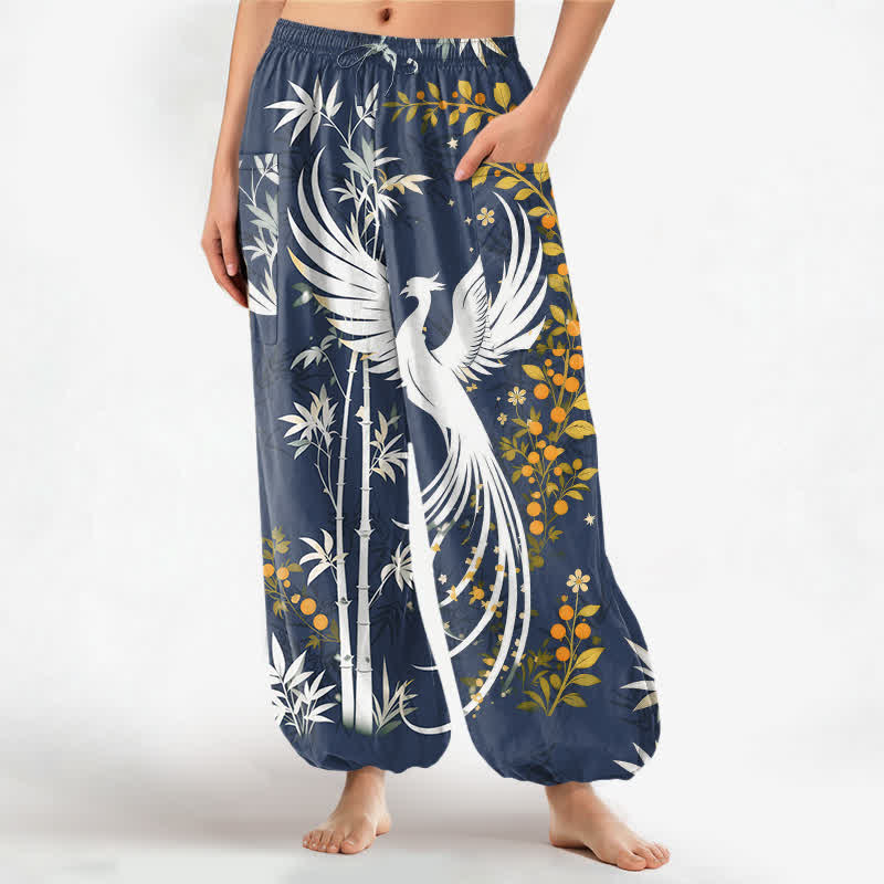 Buddha Stones Dames harembroek met elastische Taille en Zakken , met katoenen kraanvogel- en bamboebloesempatroon. - Staalblauw - US16, UK/AU20, EU48 (3XL) - image 10