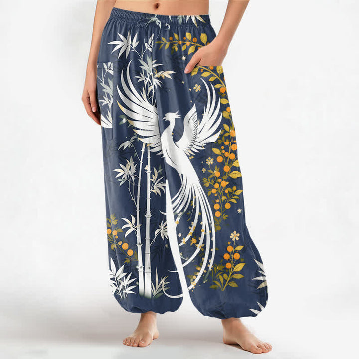 Buddha Stones Dames harembroek met elastische Taille en Zakken , met katoenen kraanvogel- en bamboebloesempatroon. - Staalblauw - US16, UK/AU20, EU48 (3XL) - image 10