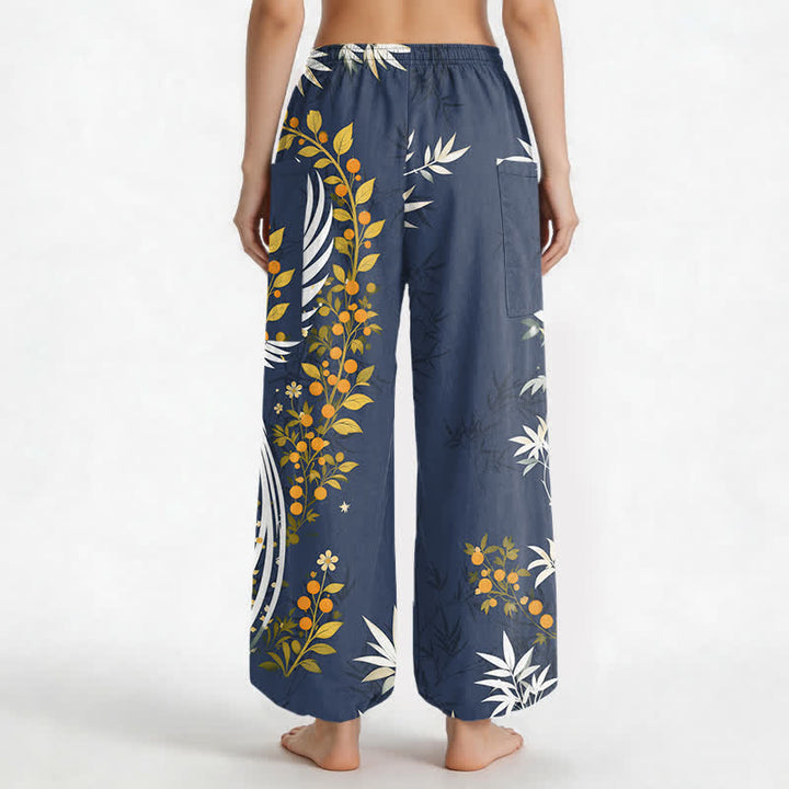 Buddha Stones Dames harembroek met elastische Taille en Zakken , met katoenen kraanvogel- en bamboebloesempatroon. - image 12