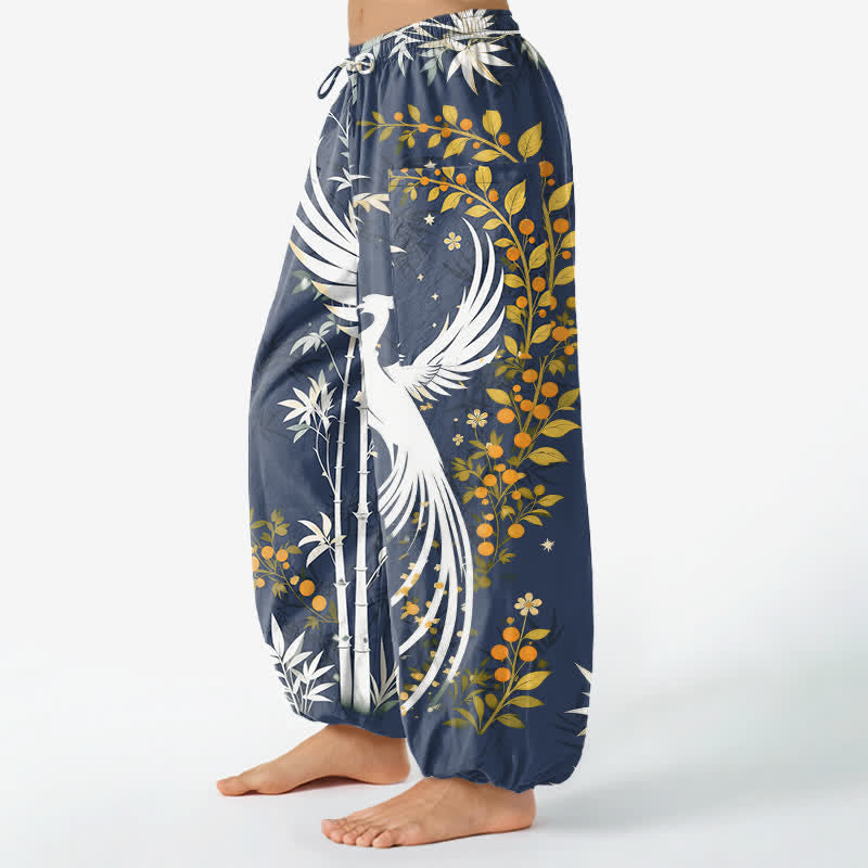 Buddha Stones Dames harembroek met elastische Taille en Zakken , met katoenen kraanvogel- en bamboebloesempatroon. - image 11