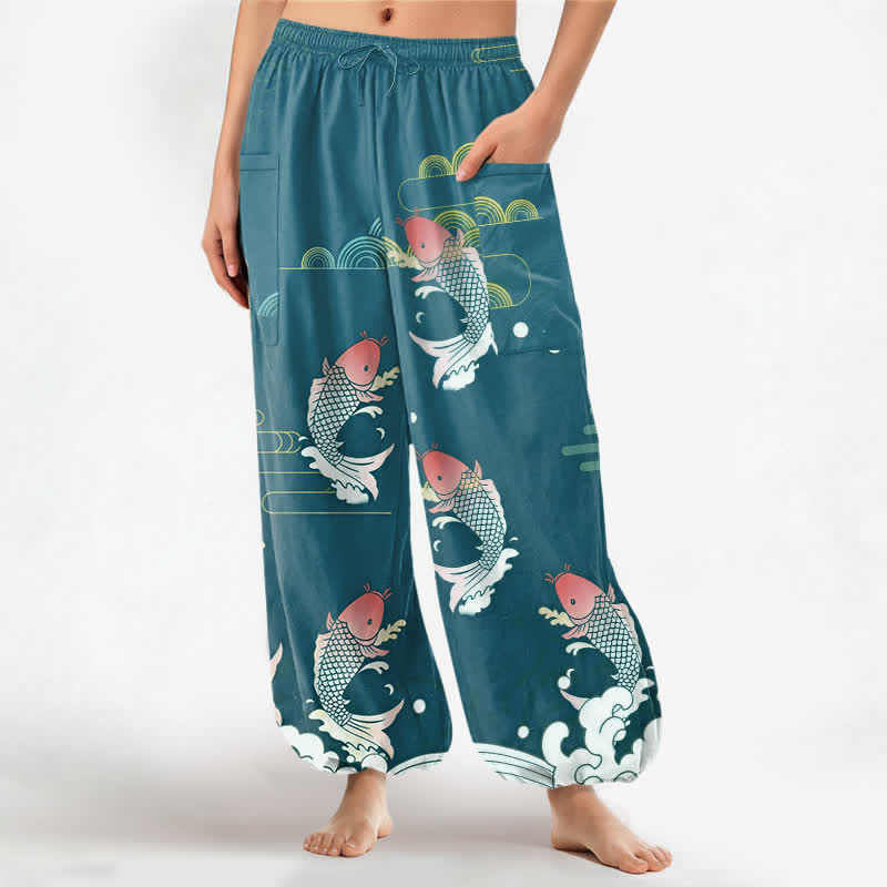 Buddha Stones Dames harembroek met elastische Taille en Zakken , gemaakt van katoen met een rood koi-waterpatroon. - Lichtzeegroen - US16, UK/AU20, EU48 (3XL) - image 7