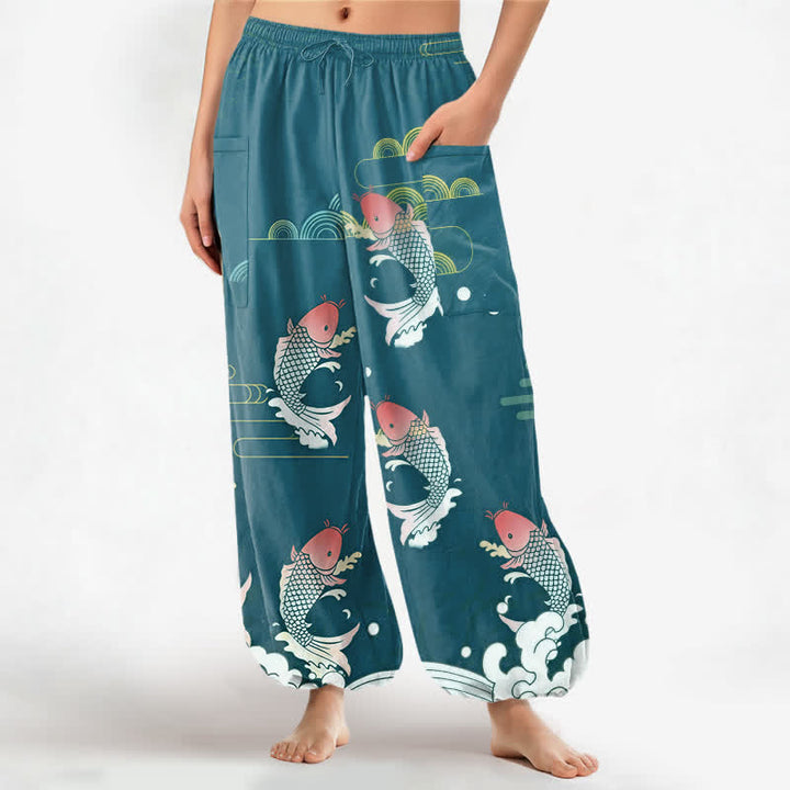 Buddha Stones Dames harembroek met elastische Taille en Zakken , gemaakt van katoen met een rood koi-waterpatroon. - Lichtzeegroen - US16, UK/AU20, EU48 (3XL) - image 7