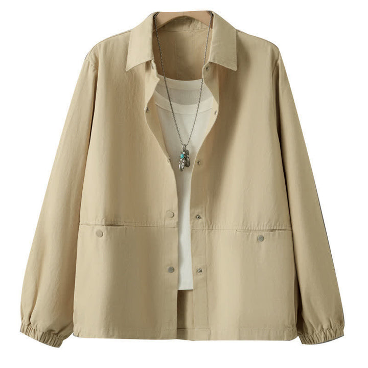 Buddha Stones Casual damesjas met knoopsluiting en Zakken voor de herfst, effen kleur. - image 26