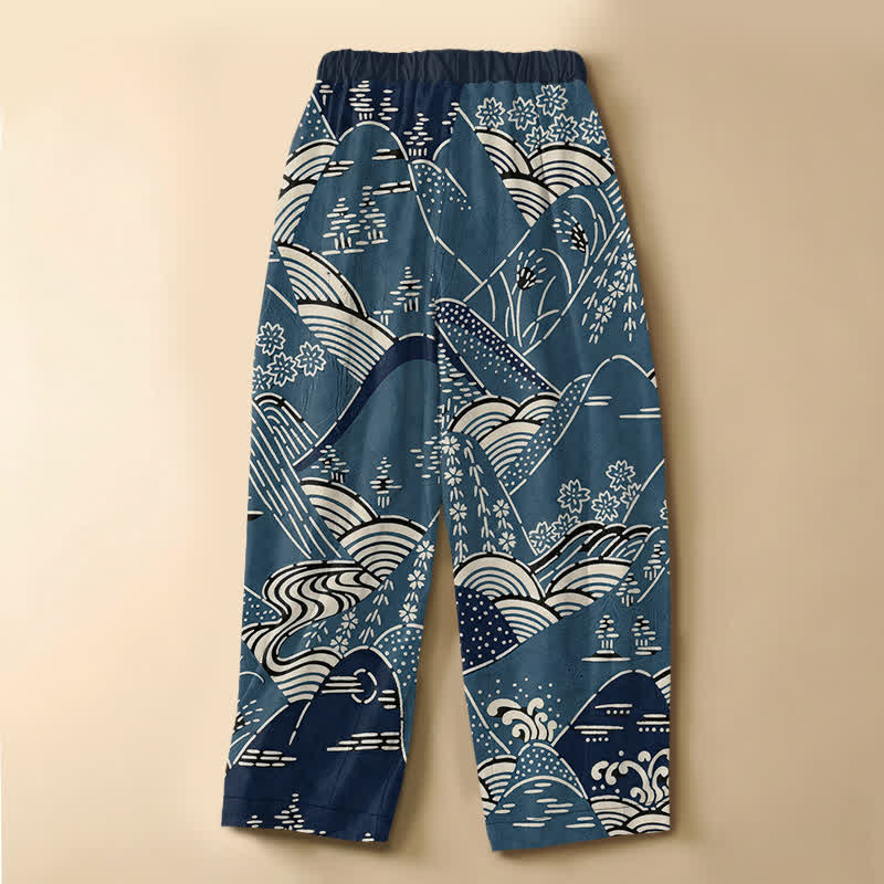 Buddha Stones Harembroek voor dames met elastische Taille, Zakken en Japans golflandschapspatroon , 100% Cotton. - image 1