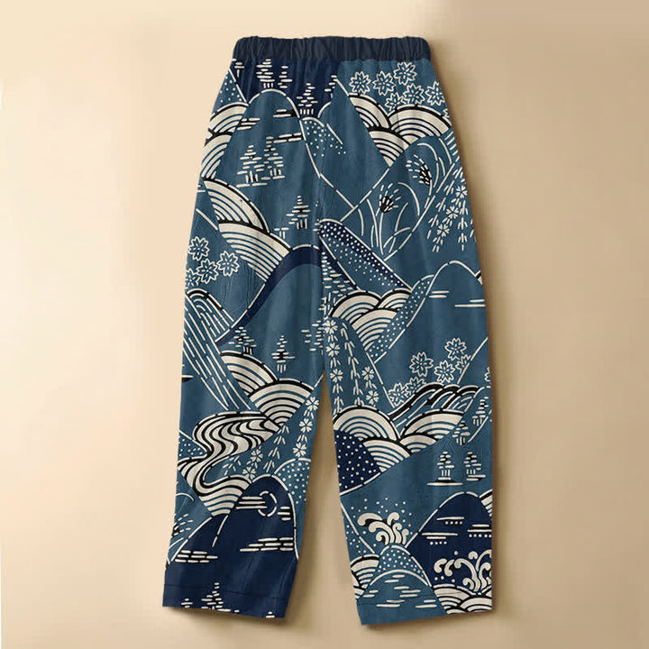 Buddha Stones Harembroek voor dames met elastische Taille, Zakken en Japans golflandschapspatroon , 100% Cotton. - image 1