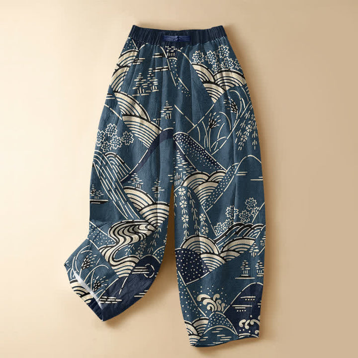 Buddha Stones Harembroek voor dames met elastische Taille, Zakken en Japans golflandschapspatroon , 100% Cotton. - Teal - US16, UK/AU20, EU48 (3XL) - image 0