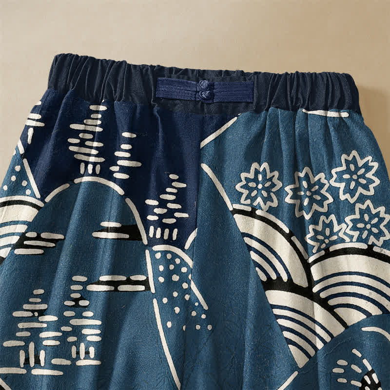 Buddha Stones Harembroek voor dames met elastische Taille, Zakken en Japans golflandschapspatroon , 100% Cotton. - image 2