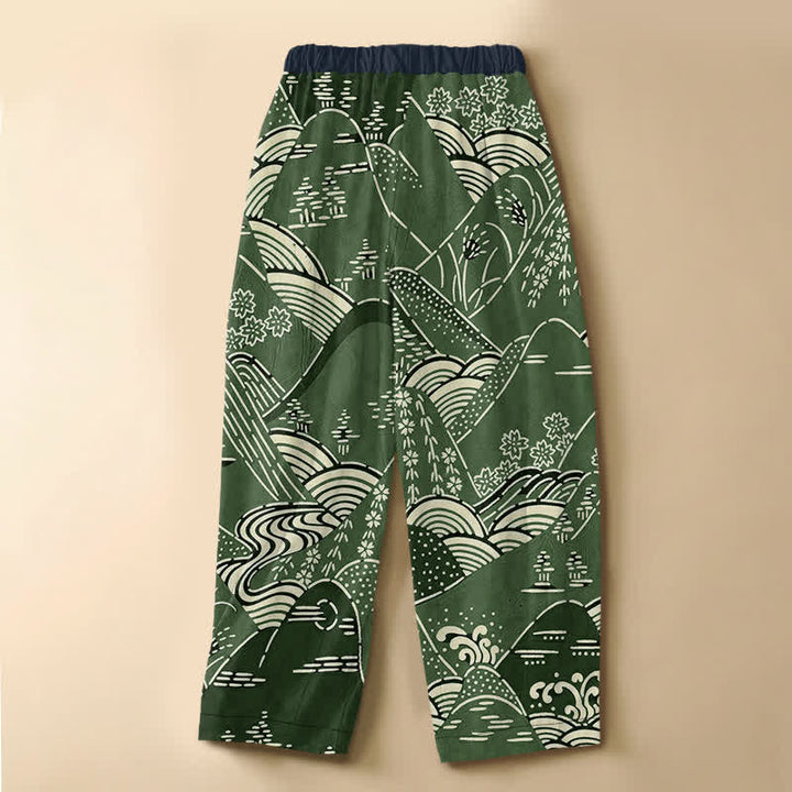 Buddha Stones Harembroek voor dames met elastische Taille, Zakken en Japans golflandschapspatroon , 100% Cotton. - image 6