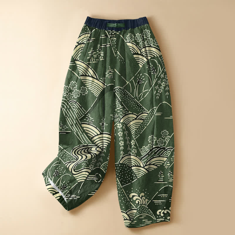 Buddha Stones Harembroek voor dames met elastische Taille, Zakken en Japans golflandschapspatroon , 100% Cotton. - Bosgroen - US16, UK/AU20, EU48 (3XL) - image 5