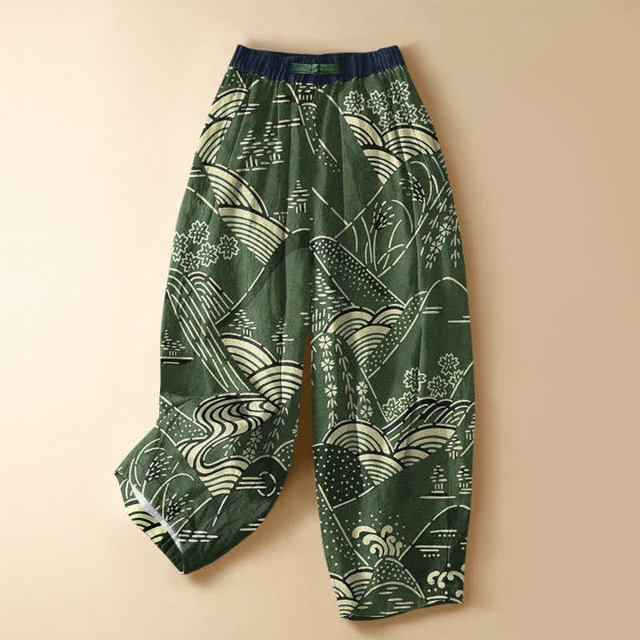 Buddha Stones Harembroek voor dames met elastische Taille, Zakken en Japans golflandschapspatroon , 100% Cotton. - Bosgroen - US16, UK/AU20, EU48 (3XL) - image 5