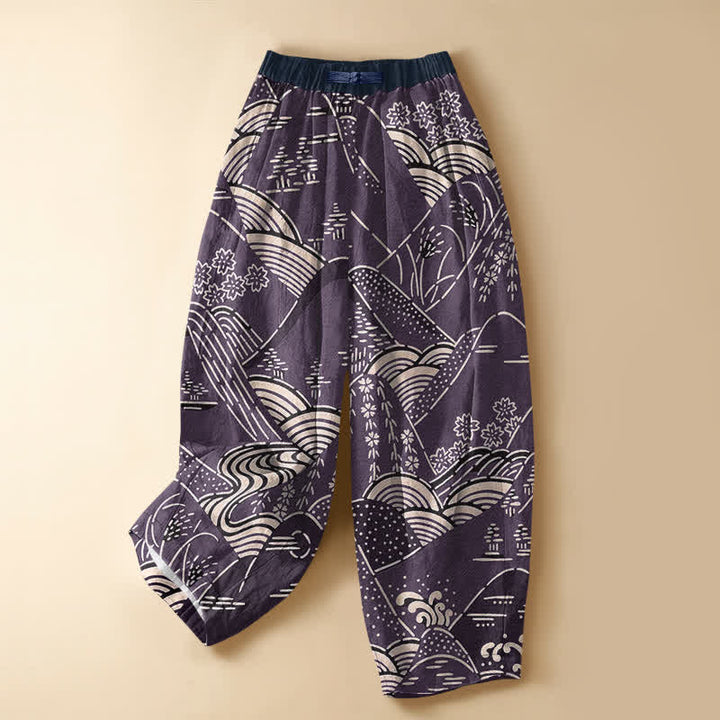 Buddha Stones Harembroek voor dames met elastische Taille, Zakken en Japans golflandschapspatroon , 100% Cotton. - Indigo - US16, UK/AU20, EU48 (3XL) - image 7