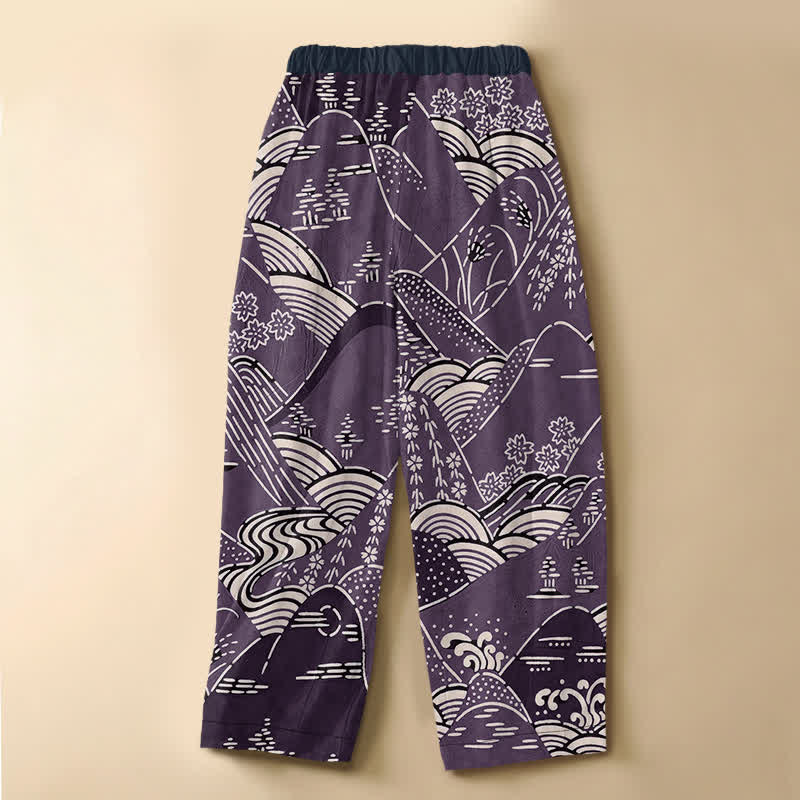 Buddha Stones Harembroek voor dames met elastische Taille, Zakken en Japans golflandschapspatroon , 100% Cotton. - image 8