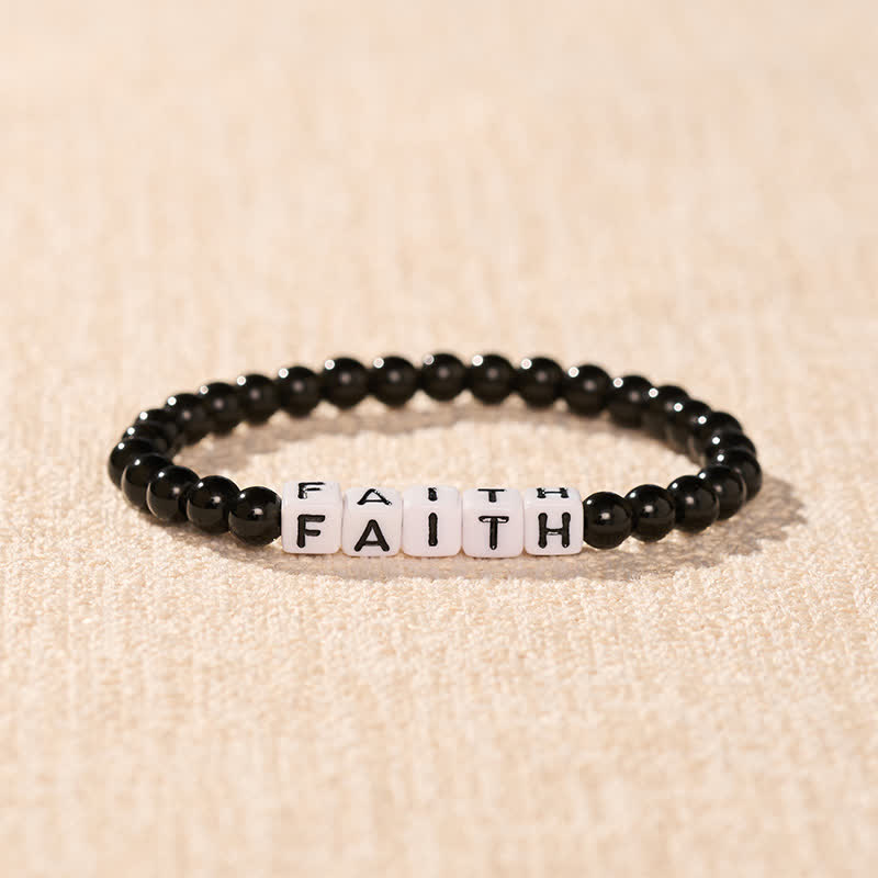 Buddha Stones Zwarte obsidiaan kralen met de letters FAITH voor zuivering - image 1