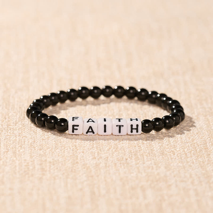 Buddha Stones Zwarte obsidiaan kralen met de letters FAITH voor zuivering - image 1